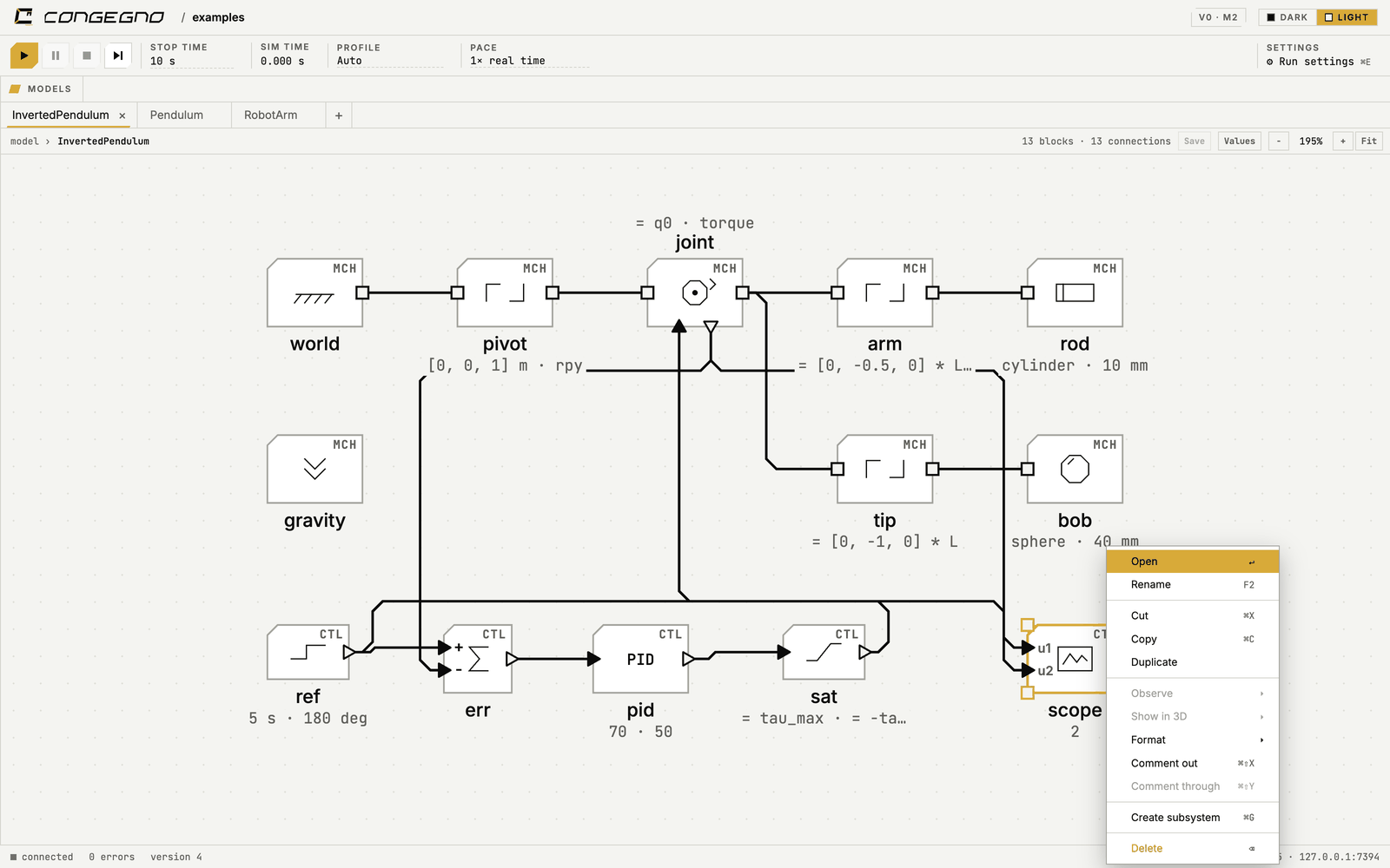 Screenshot of the Congegno canvas: a controller and the mechanism it drives, drawn as one block diagram.