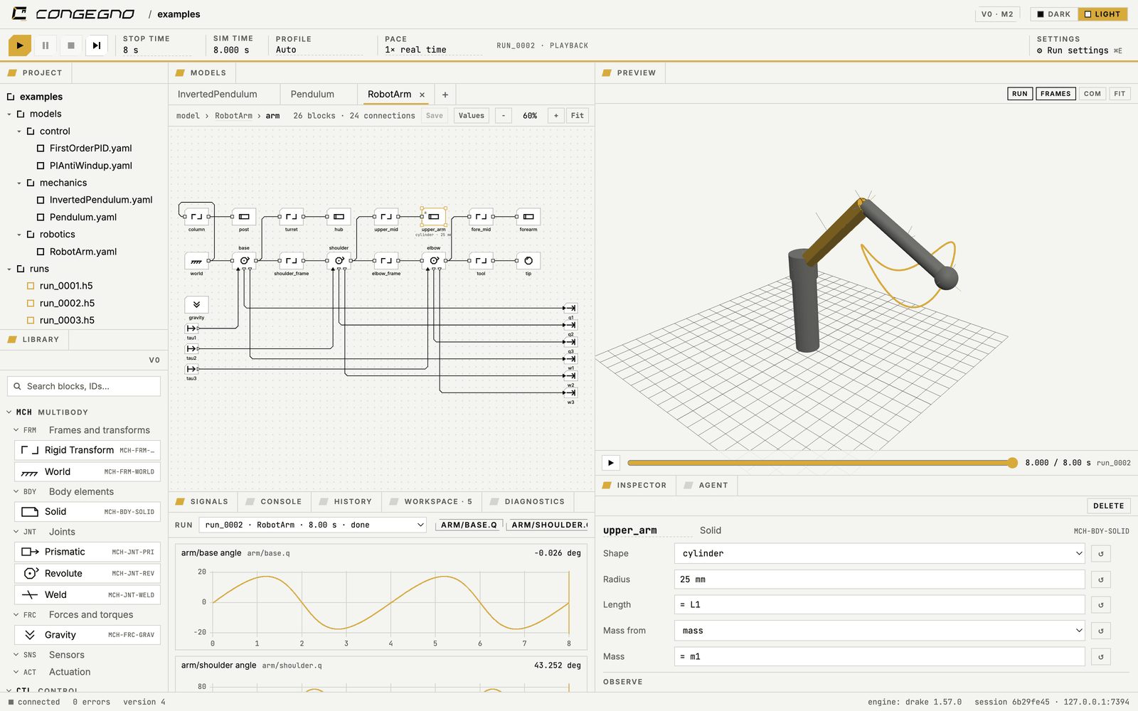 Screenshot of the 3D preview: a mechanism with its frames and joints, the selection shared with the canvas.